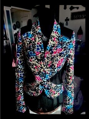 Bebe Women's Fitted Blazer Calypso Deep Print Multicolor & Black Crop Artsy S